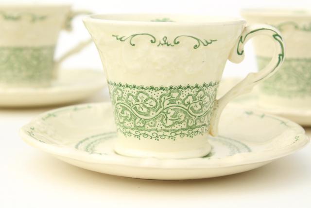 photo of George Jones England china demitasse coffee cups & saucers, Genoa green embossed creamware #4