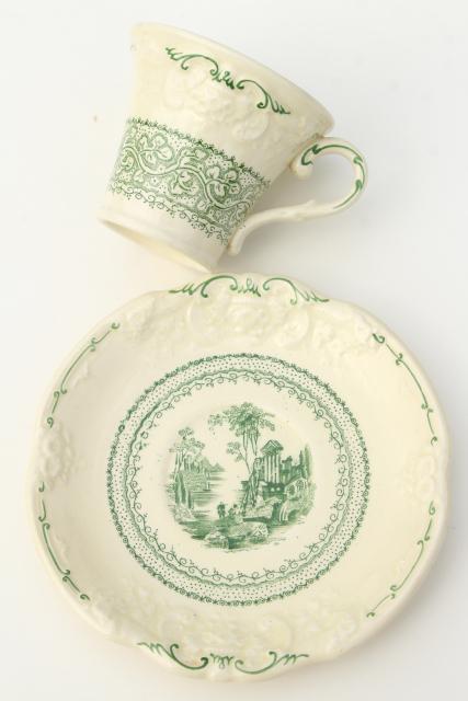 photo of George Jones England china demitasse coffee cups & saucers, Genoa green embossed creamware #5