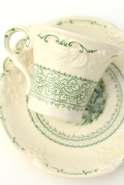 photo of George Jones England china demitasse coffee cups & saucers, Genoa green embossed creamware #6