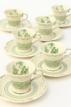 catalog photo of George Jones England china demitasse coffee cups & saucers, Genoa green embossed creamware