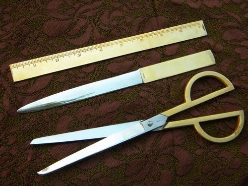 photo of German 1930s deco gold desk set, scissors, letter opener & ruler #1