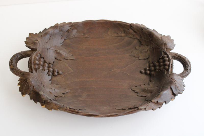 photo of German black forest style carved wood bowl or tray, grapes & leaf carving #1