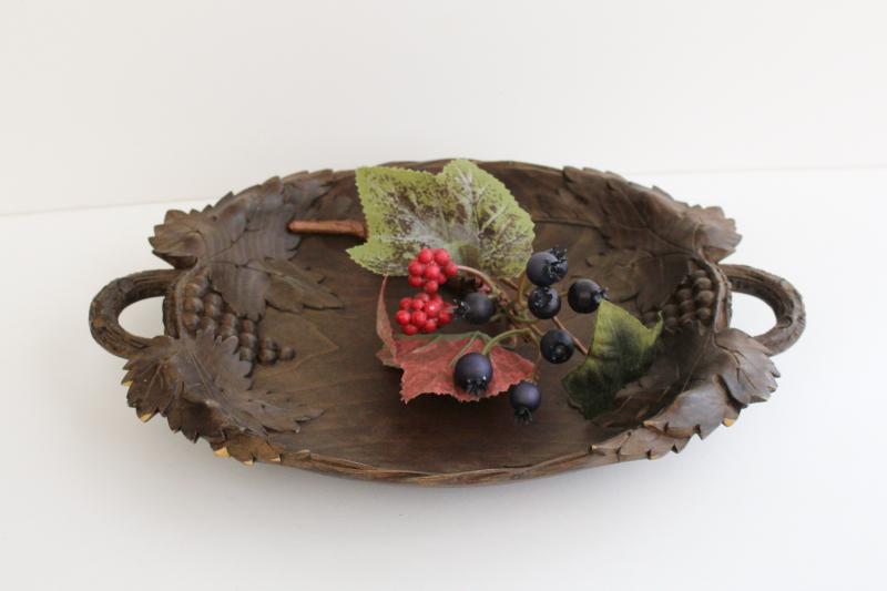 photo of German black forest style carved wood bowl or tray, grapes & leaf carving #2