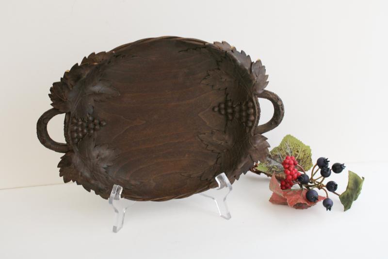 photo of German black forest style carved wood bowl or tray, grapes & leaf carving #3