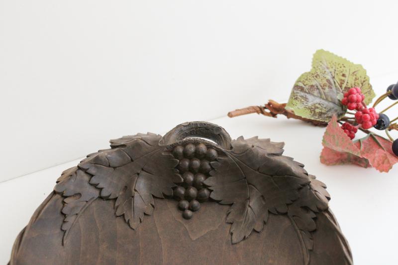 photo of German black forest style carved wood bowl or tray, grapes & leaf carving #4