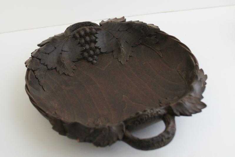 photo of German black forest style carved wood bowl or tray, grapes & leaf carving #8