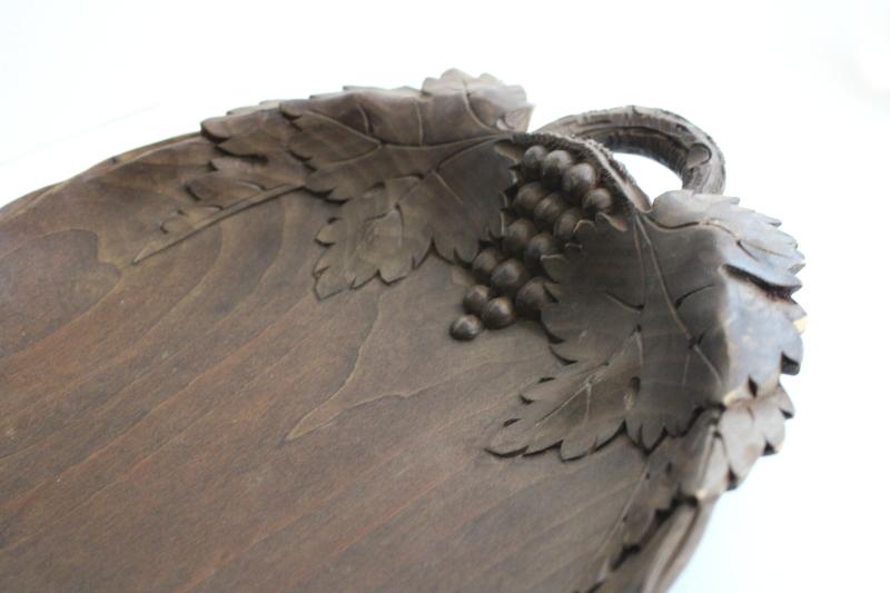 photo of German black forest style carved wood bowl or tray, grapes & leaf carving #10