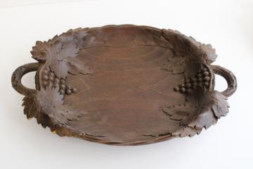 catalog photo of German black forest style carved wood bowl or tray, grapes & leaf carving