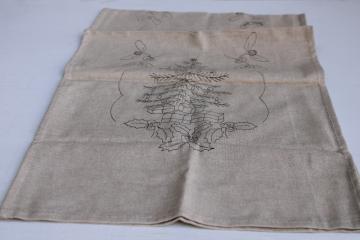 catalog photo of German label vintage Christmas tree print table runner, flax colored cotton fabric to embroider 