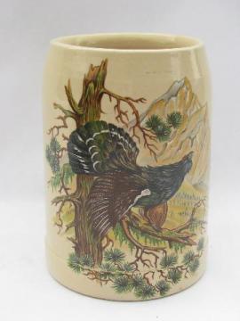 catalog photo of German stoneware pottery beer stein w/ grouse, marked West Germany