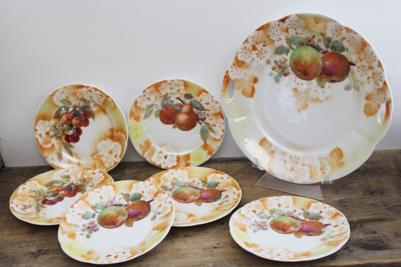 photo of Germany antique vintage luster china plates & tray dessert set w/ fruit patterns #1