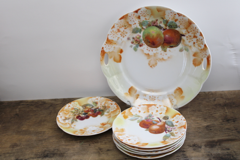 photo of Germany antique vintage luster china plates & tray dessert set w/ fruit patterns #2