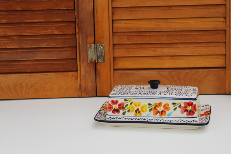 photo of Gibson Elite hand painted ceramic butter dish w/ cover, Luxembourg folk art design #1