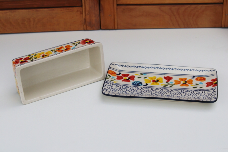 photo of Gibson Elite hand painted ceramic butter dish w/ cover, Luxembourg folk art design #2