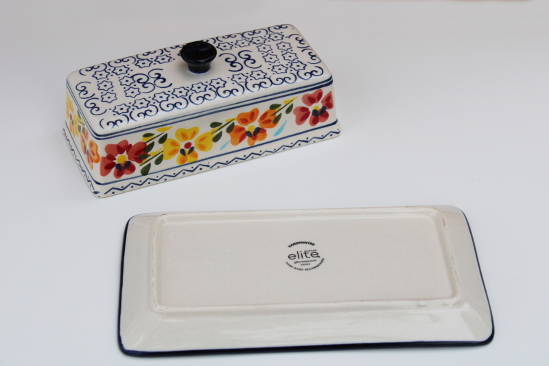 photo of Gibson Elite hand painted ceramic butter dish w/ cover, Luxembourg folk art design #3