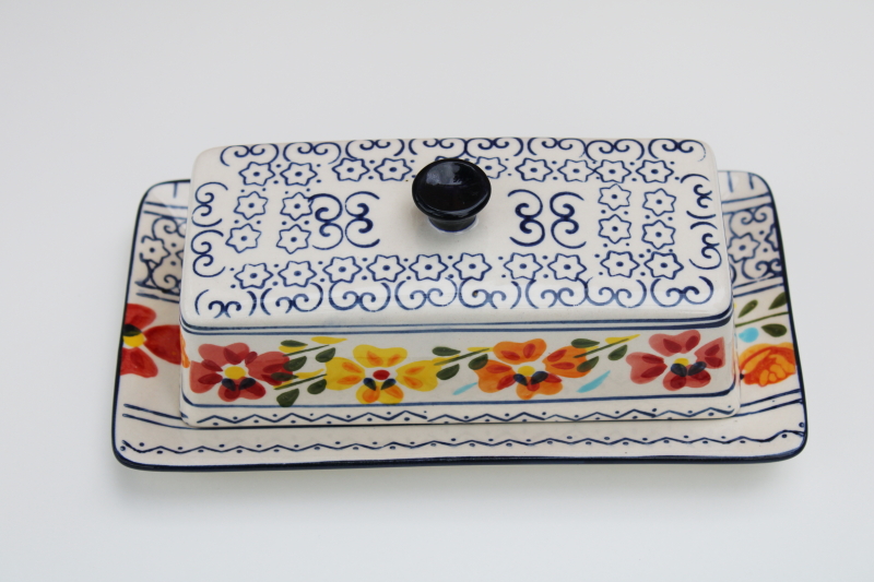 photo of Gibson Elite hand painted ceramic butter dish w/ cover, Luxembourg folk art design #4