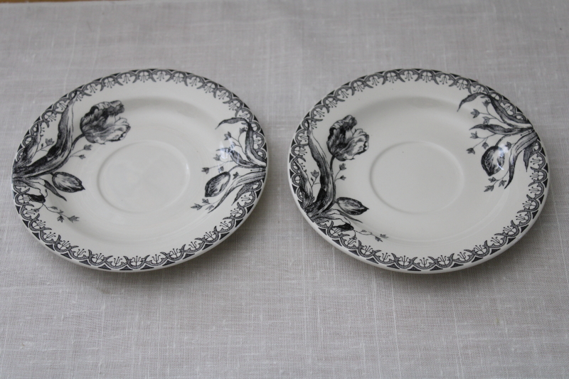 photo of Gien France tulip print transferware saucer plates, monochrome black on white floral neutral decor #1