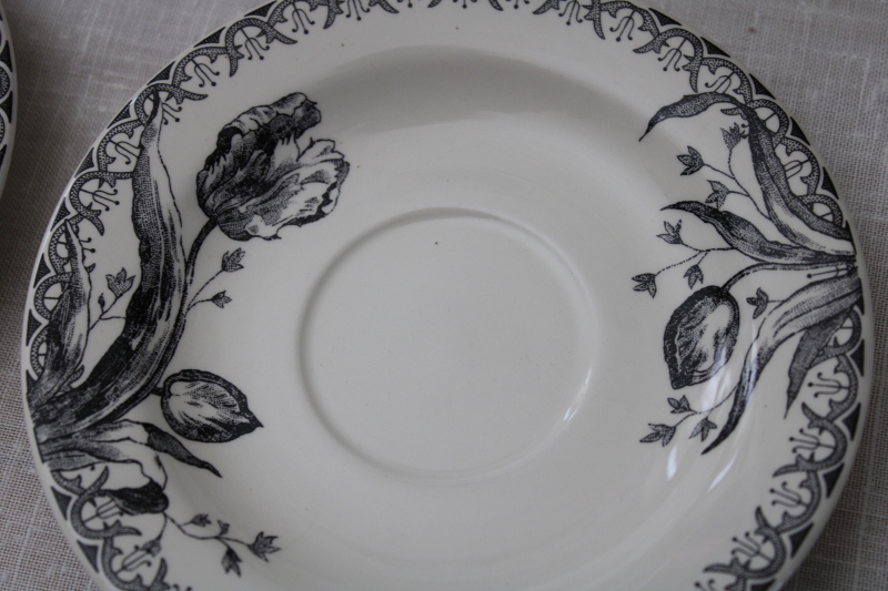 photo of Gien France tulip print transferware saucer plates, monochrome black on white floral neutral decor #2