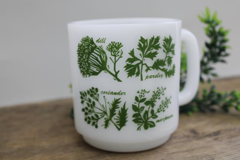 photo of Glasbake milk glass mug w/ herbs pattern, vintage coffee cup green & white #2