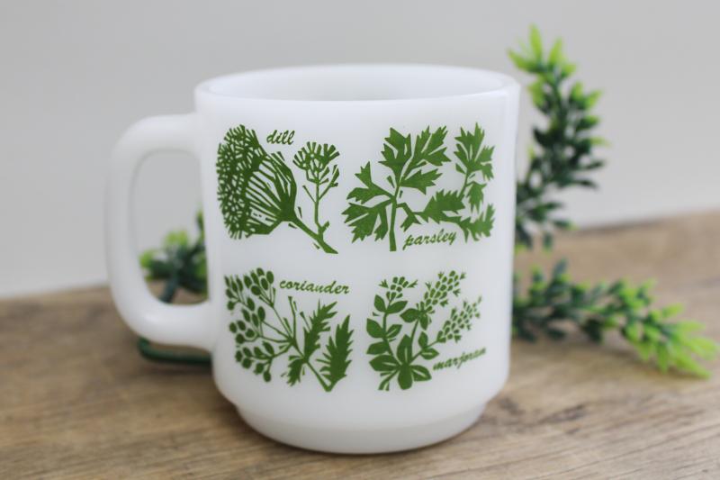 photo of Glasbake milk glass mug w/ herbs pattern, vintage coffee cup green & white #3