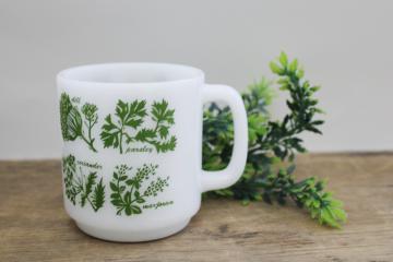 catalog photo of Glasbake milk glass mug w/ herbs pattern, vintage coffee cup green & white