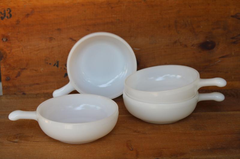 photo of Glasbake vintage milk glass bowls, lug handle onion soup or chowder bowl set of 4 #1