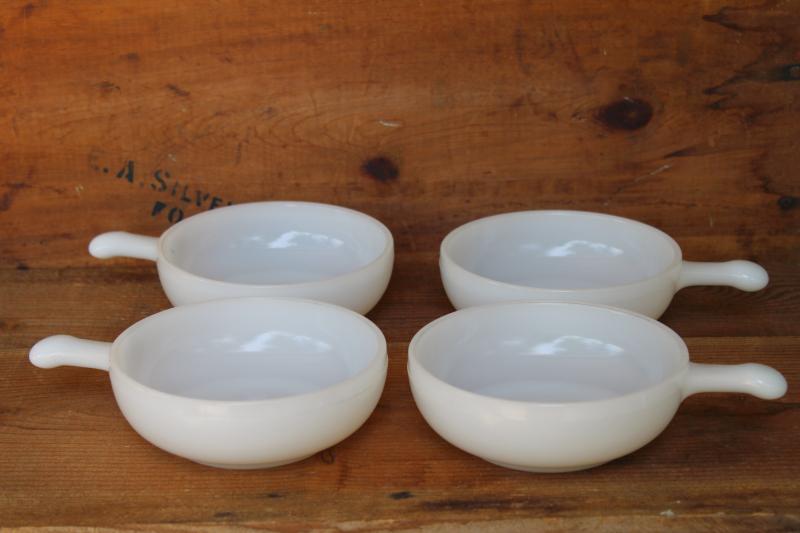 photo of Glasbake vintage milk glass bowls, lug handle onion soup or chowder bowl set of 4 #3