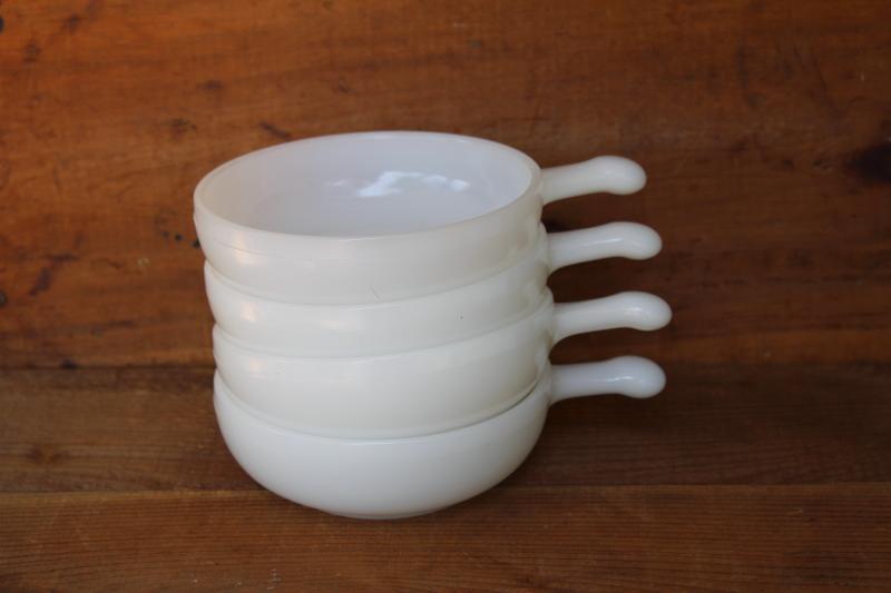 photo of Glasbake vintage milk glass bowls, lug handle onion soup or chowder bowl set of 4 #4