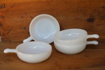 catalog photo of Glasbake vintage milk glass bowls, lug handle onion soup or chowder bowl set of 4