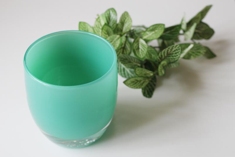 photo of Glassybaby Strength aqua green hand blown glass votive candle holder pre-triskelion #1