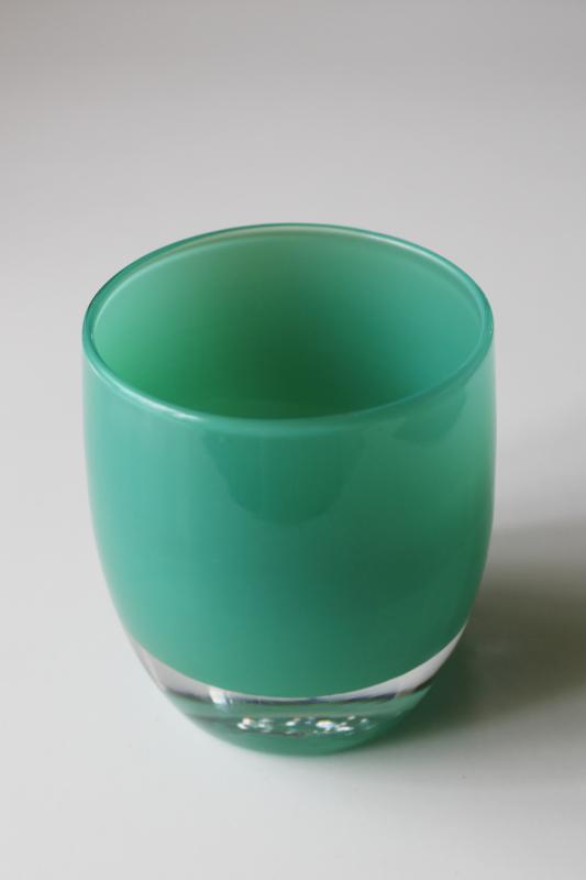 photo of Glassybaby Strength aqua green hand blown glass votive candle holder pre-triskelion #5