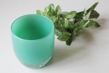 catalog photo of Glassybaby Strength aqua green hand blown glass votive candle holder pre-triskelion