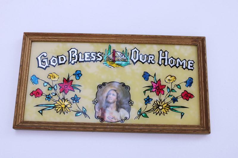 photo of God Bless Our Home 1930s 40s vintage tinsel art reverse painted glass religious print #1