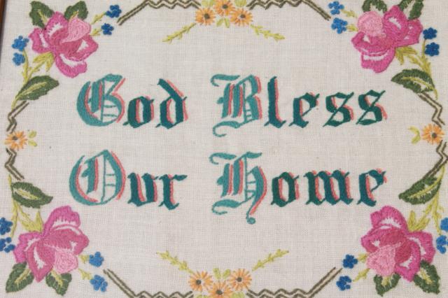 photo of God Bless Our Home crewel work embroidered motto, framed vintage embroidery  #2