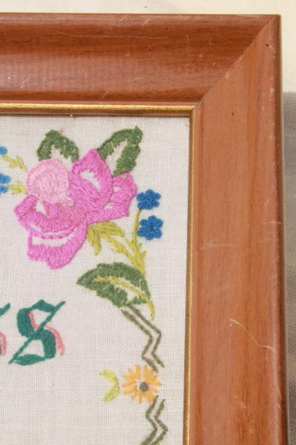 photo of God Bless Our Home crewel work embroidered motto, framed vintage embroidery  #5