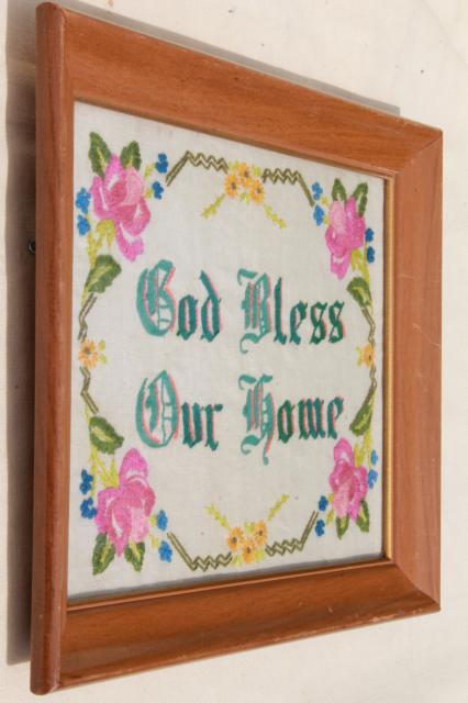 photo of God Bless Our Home crewel work embroidered motto, framed vintage embroidery  #6