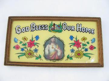 catalog photo of God Bless Our Home, vintage painted glass motto w/ old religous picture