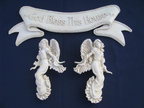 photo of God Bless This House motto and guardian angels, antique white faux plaster #1