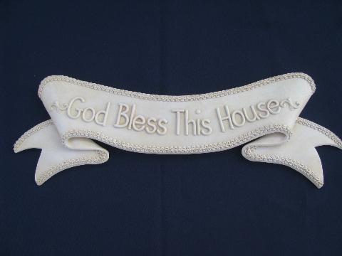 photo of God Bless This House motto and guardian angels, antique white faux plaster #2