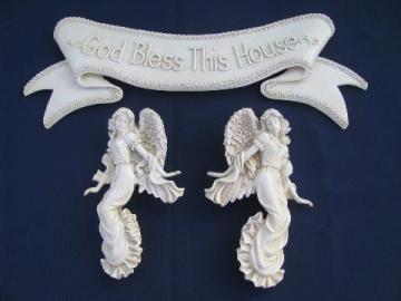 catalog photo of God Bless This House motto and guardian angels, antique white faux plaster