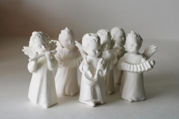catalog photo of Goebel W Germany all white bisque china angels w/ musical instruments, vintage figurines 