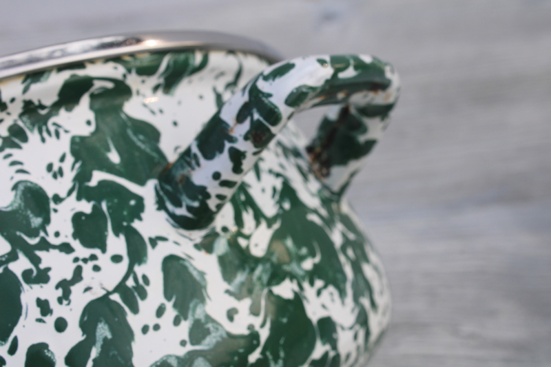 photo of Golden Rabbit splatterware enamel steel dutch oven pot w/ lid, vintage style green white swirl #6