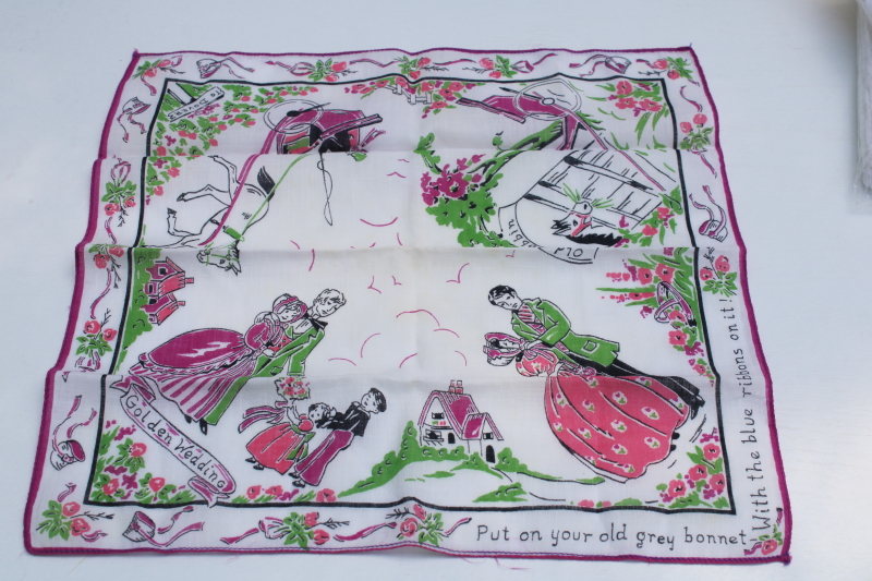 photo of Golden Wedding anniversary hanky, vintage print cotton handkerchief w/ old Dobbin & happy couple #1
