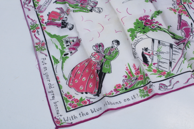 photo of Golden Wedding anniversary hanky, vintage print cotton handkerchief w/ old Dobbin & happy couple  #2