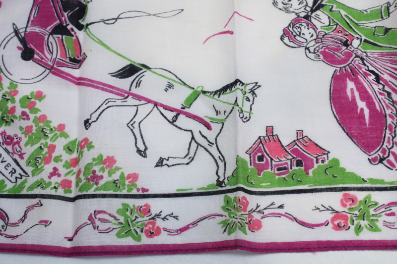 photo of Golden Wedding anniversary hanky, vintage print cotton handkerchief w/ old Dobbin & happy couple  #4