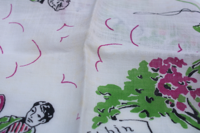 photo of Golden Wedding anniversary hanky, vintage print cotton handkerchief w/ old Dobbin & happy couple  #5
