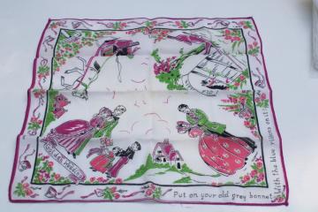 Golden Wedding anniversary hanky, vintage print cotton handkerchief w/ old Dobbin & happy couple 