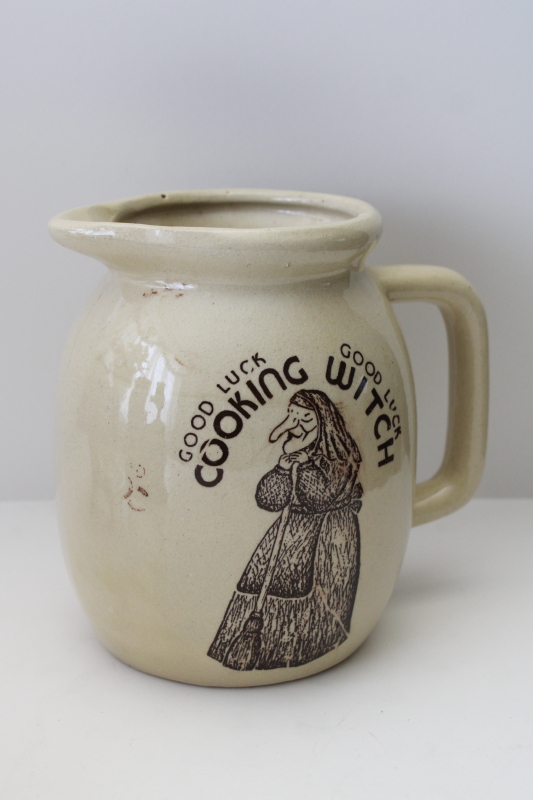 photo of Good Luck kitchen witch print stoneware pottery pitcher, 1980s vintage  #1