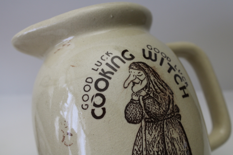 photo of Good Luck kitchen witch print stoneware pottery pitcher, 1980s vintage  #2
