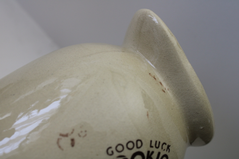 photo of Good Luck kitchen witch print stoneware pottery pitcher, 1980s vintage  #3